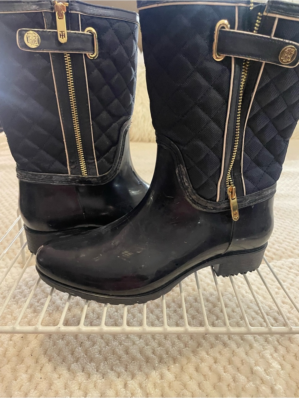 Tommy Hilfiger Navy Blue Quilted Mid-Calf Rain Boots with Gold Hardware